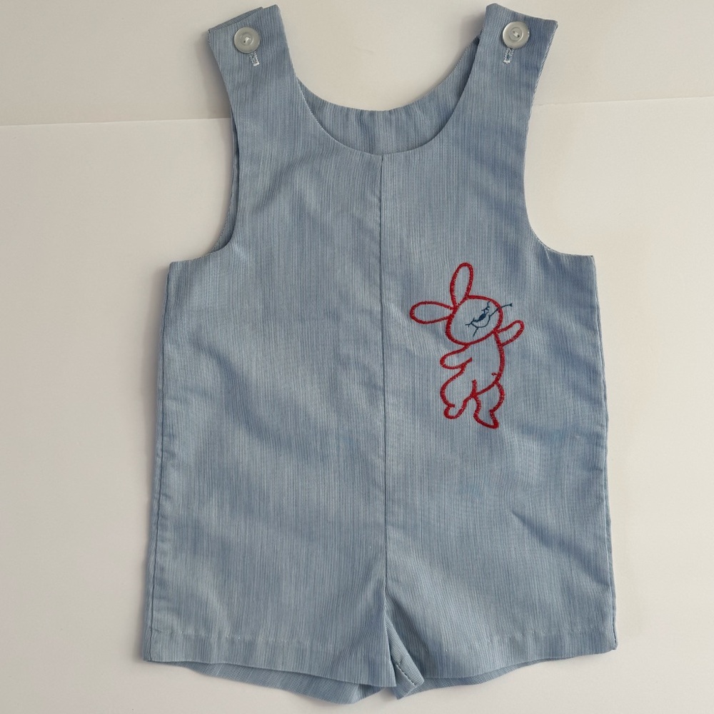 Vintage Toddler Bunny Embroidered Shortall Romper‎ Blue 4T Easter